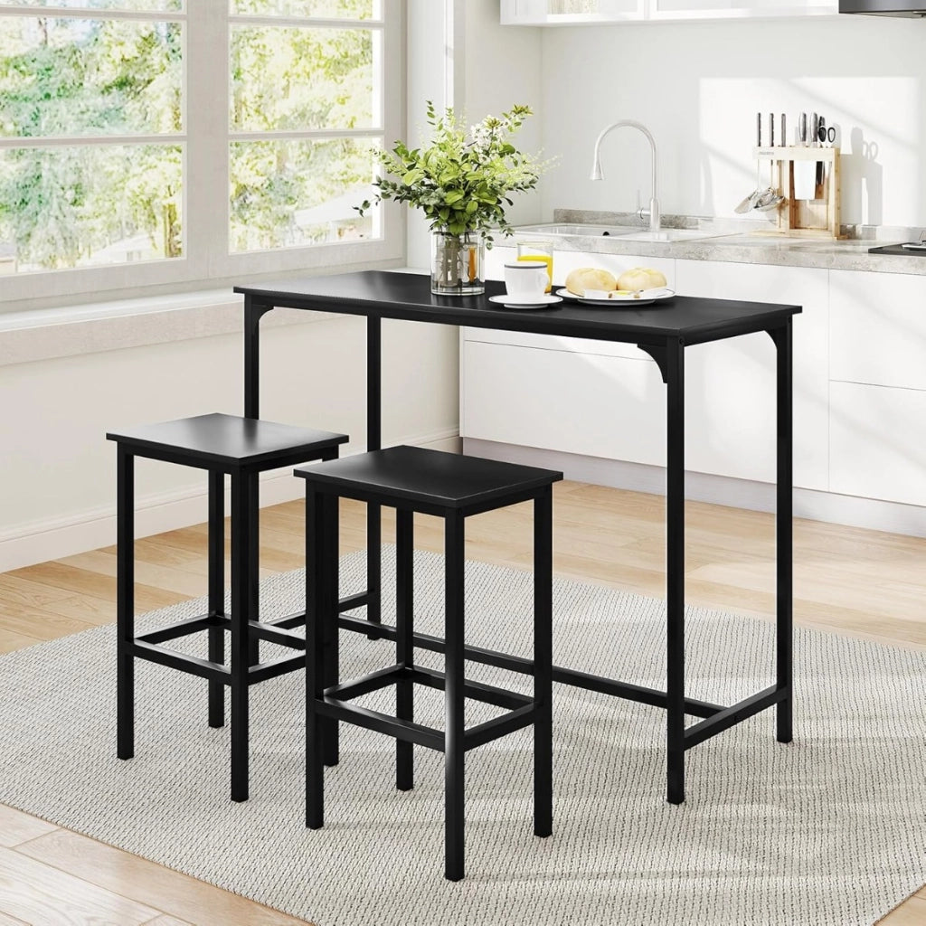 Set da pranzo 3 pezzi con tavolo industriale alto 120 cm, 2 sgabelli da bar e sedie per spazi piccoli Nero-Tavoli e sedie da pranzo