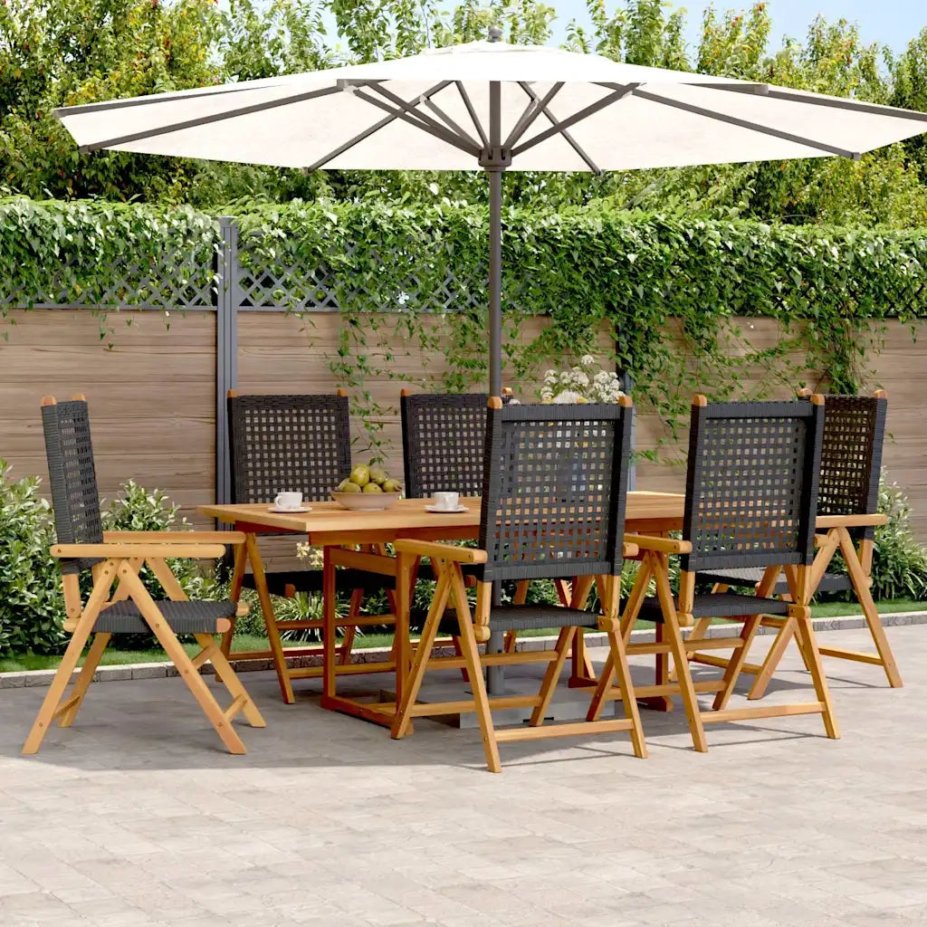 Set Pranzo Giardino 7 pz Nero in Polyrattan e Legno Massello