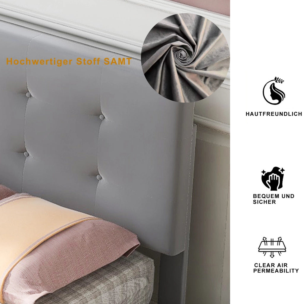 Letto singolo imbottito 90x200 cm con rete a doghe, testiera regolabile e 2 cassetti grigi in velluto