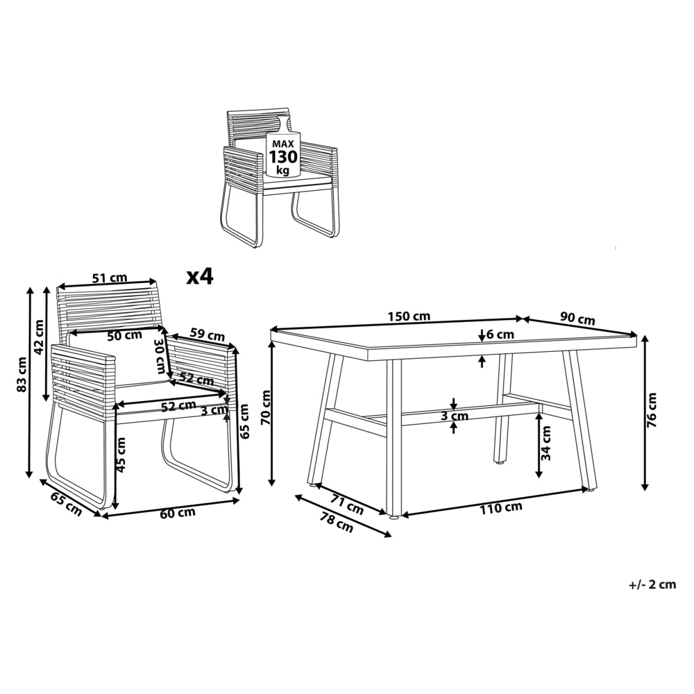 Set da pranzo da giardino 4 posti metallo Nero alluminio finitura opaca tavolo da esterno 4 sedie cuscini moderno
