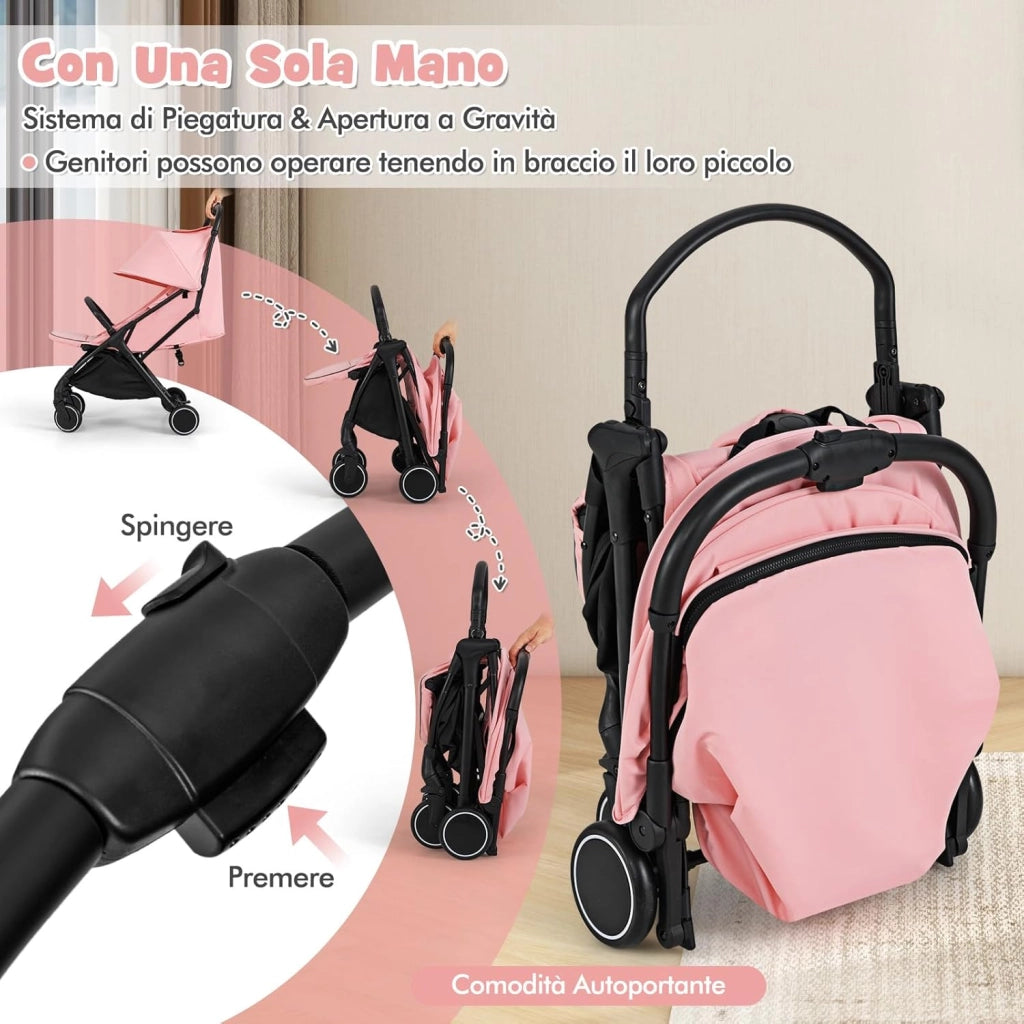 Passeggino Leggero Pieghevole per Bambini, Passeggiono Compatto con Schienale e Cappotta Regolabile, Cinture di Sicurezza a 5 Punti, Ruote con Freno, Fino a 15 kg (Rosa)