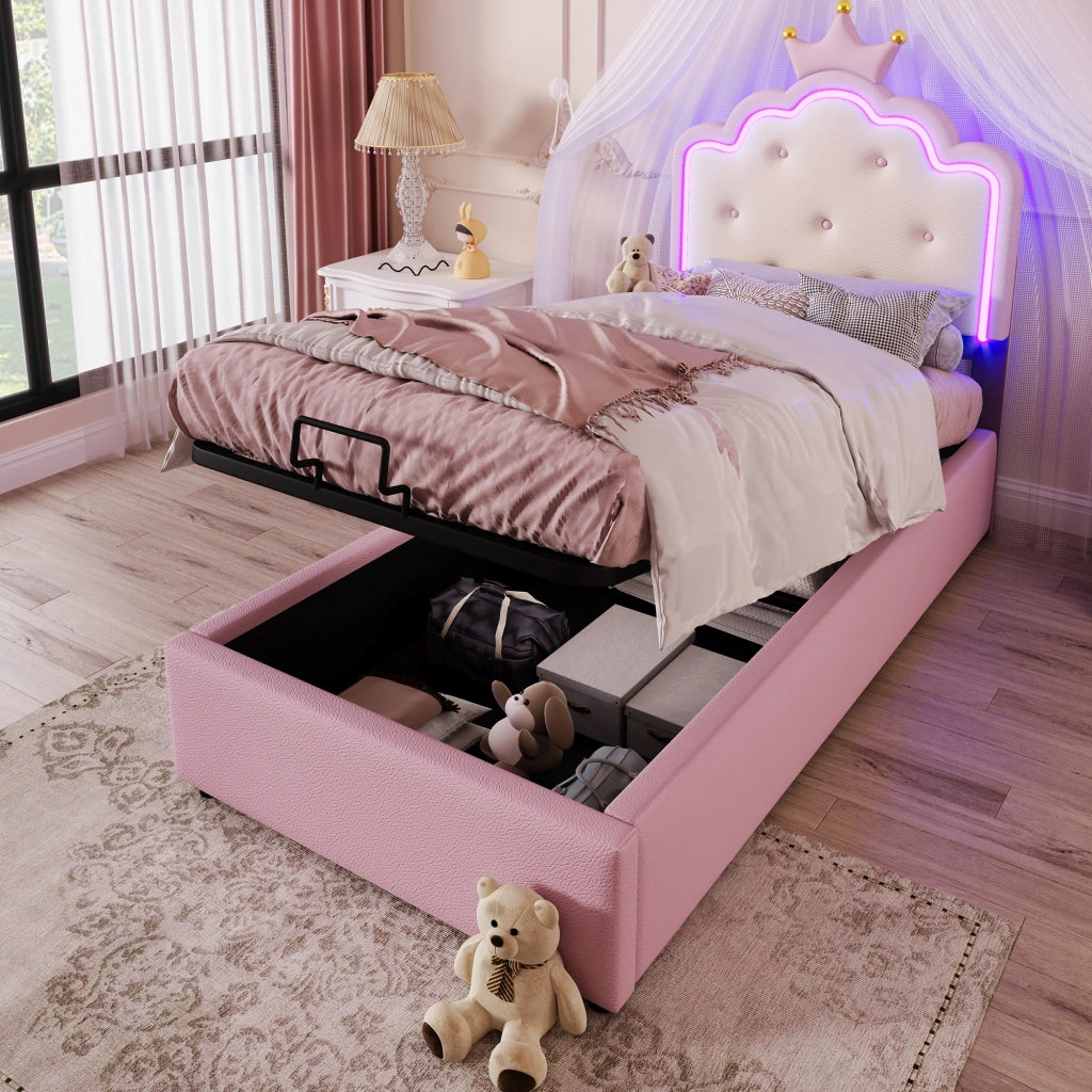 LETTO Contenitore 90x200 cm PU Rosa con luce LED