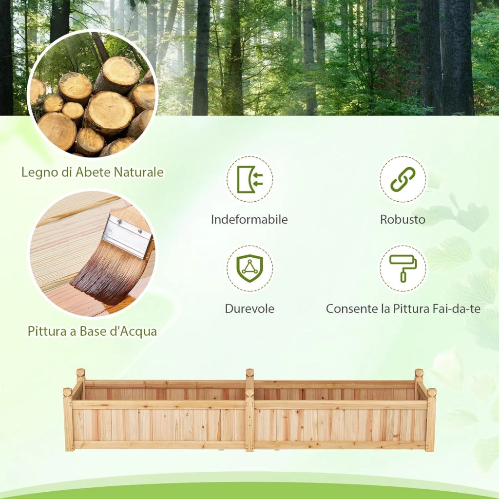 Letto da Esterno Rialzato in Legno, Fioriera Rettangolo con Divisorio, Sistema di Drenaggio, Fodera in Tessuto non Tessuto, Orto Rialzato per Giardino e Cortile, 227 x 59,5 x 40 cm (Naturale)