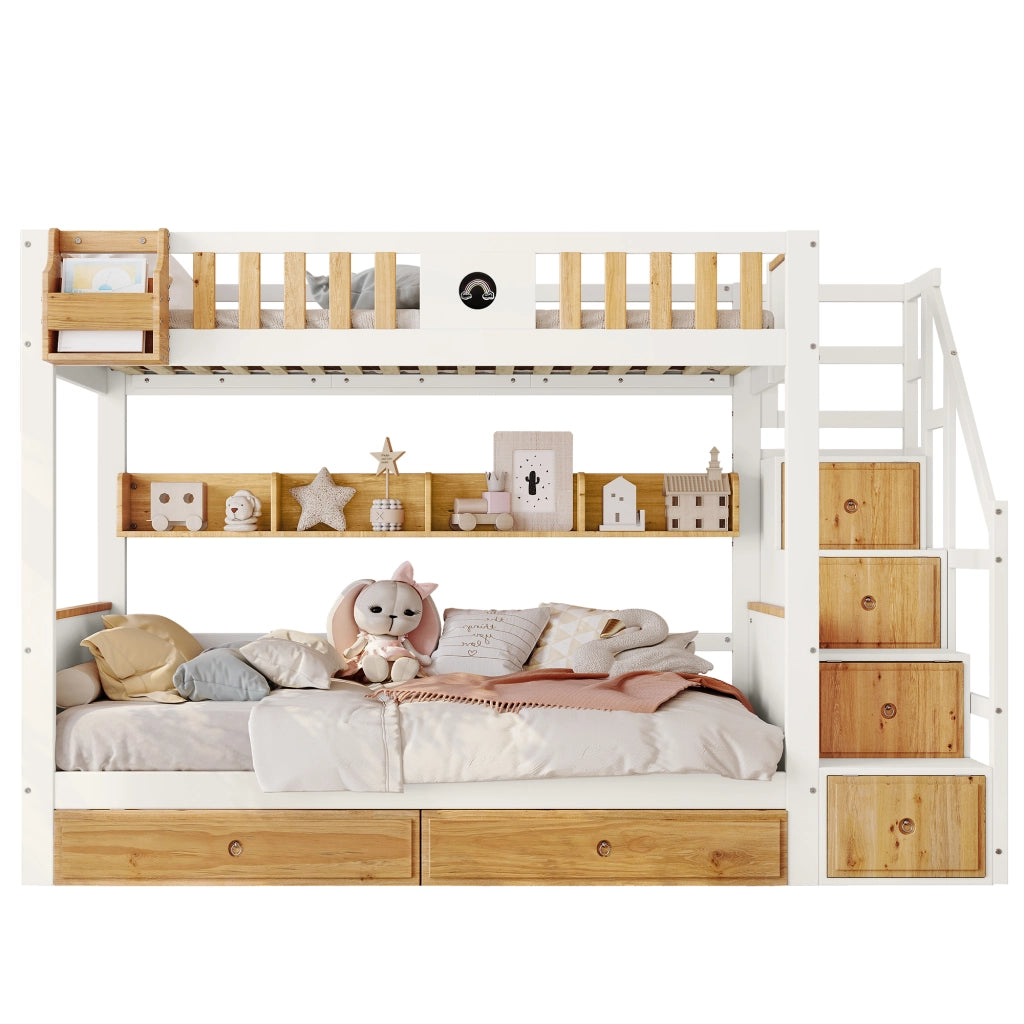 Letto a Castello 90x200 cm; Letto Singolo 2 Posti; Scala Contenitore; 2 Cassetti; Bianco e Naturale