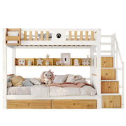 Letto a Castello 90x200 cm; Letto Singolo 2 Posti; Scala Contenitore; 2 Cassetti; Bianco e Naturale