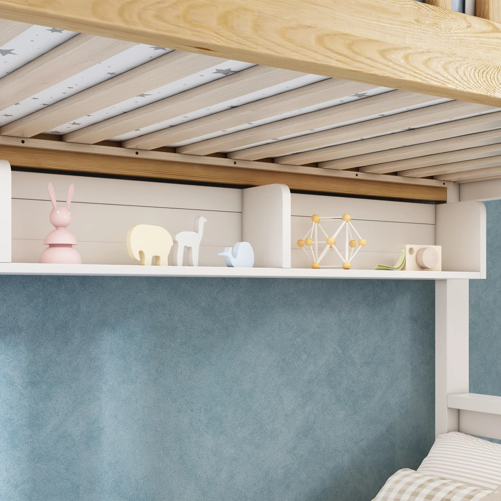 LETTO A CASTELLO 90x200/140x200 cm Bianco e Legno con scala-armadio