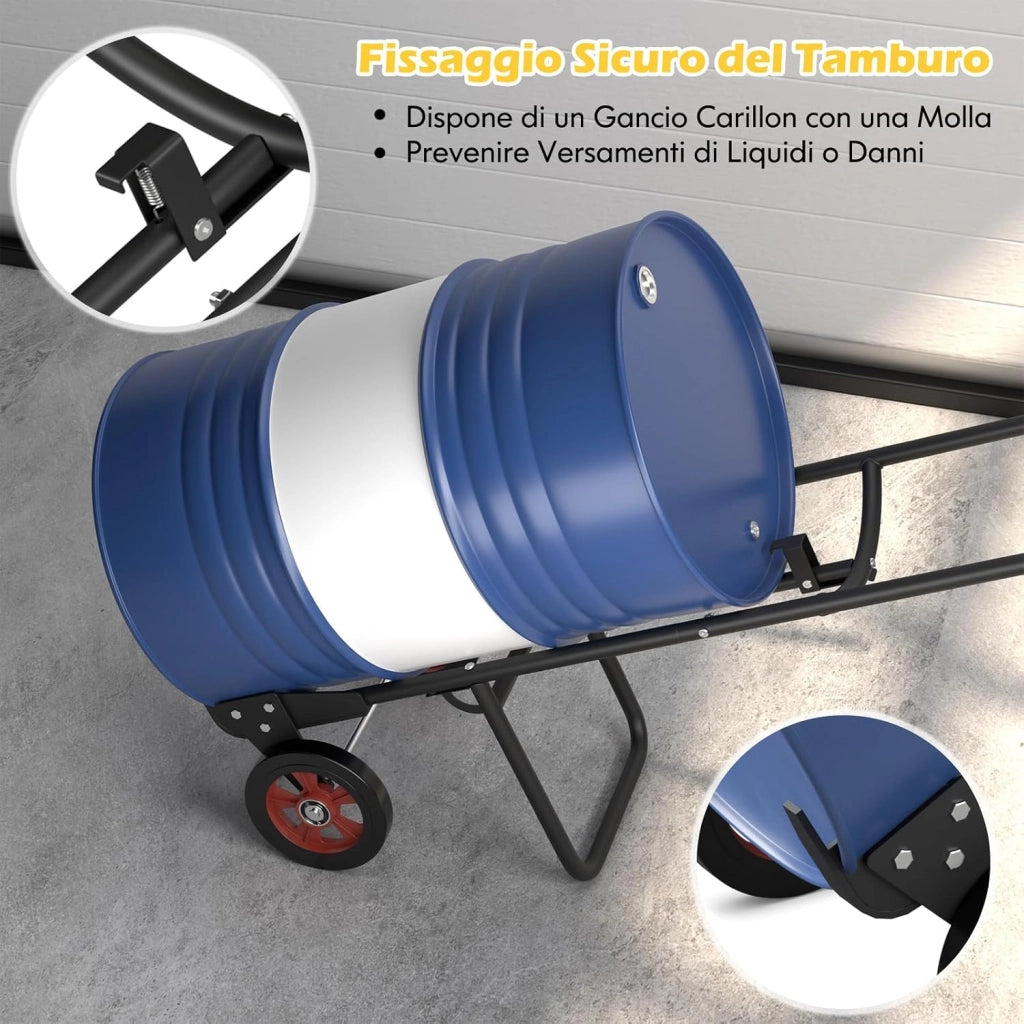 Carrello Porta Fusto, Carrello Porta Fusti con 2 Ruote in Gomma e Impugnature in EVA Ganci a Molla, Capacità di Carico 545 kg
