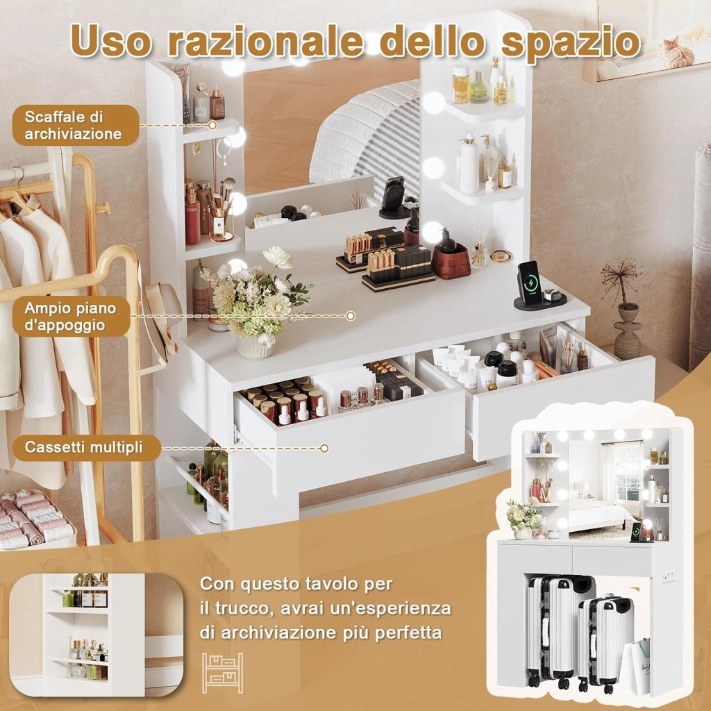 Tavolo da Trucco con Luci e Specchio, 55 x 45 cm, Comodino Moderno con Presa e Porte USB, 2 Cassetti e Scatola Laterale Regolabile, Mobile per il Make-up da Camera (Bianco)