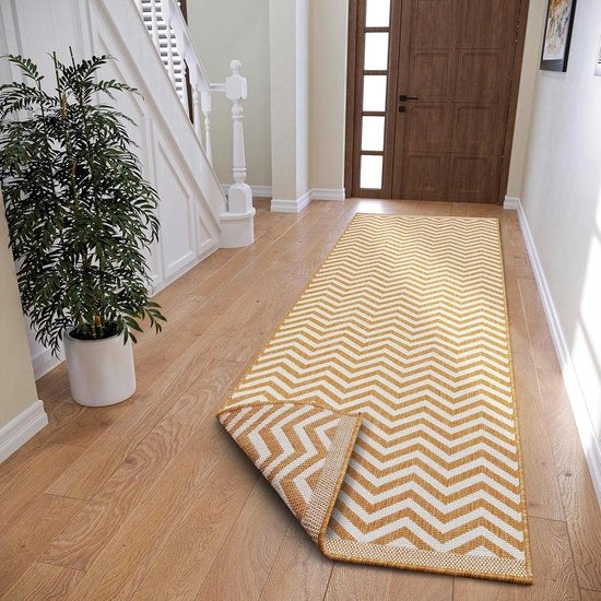 Tapijt geometrico reversibile per interni ed esterni - Oeko-Tex, resistente all'acqua, UV - colore ocra - 80 x 250 cm