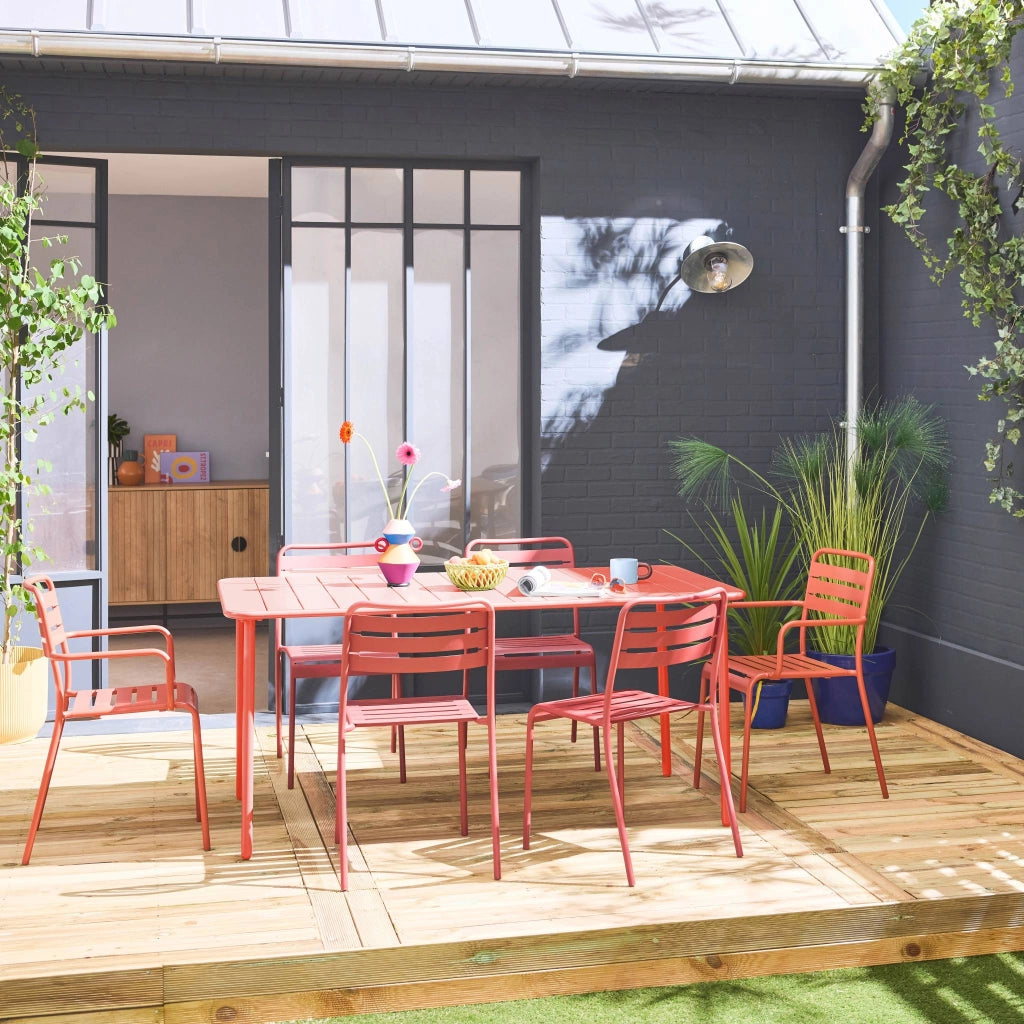 Set tavolo da giardino in acciaio con 2 poltrone e 4 sedie, terracotta