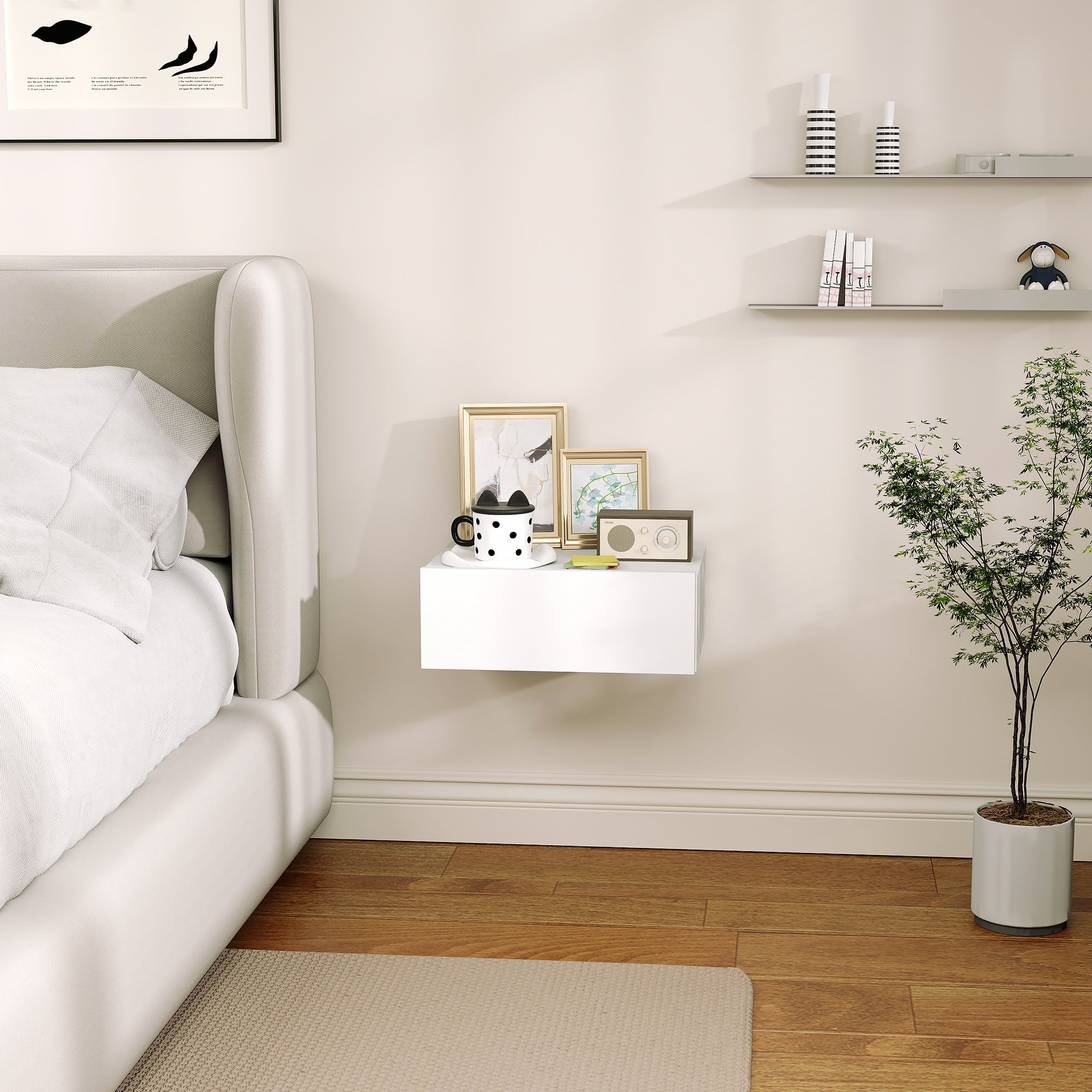 Comodino Sospeso Moderno 40x30x15 cm con Cassetto in Legno Bianco