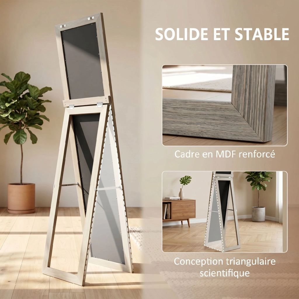 Specchio da Terra a Figura Intera con Cornice e Supporto, in Legno e Vetro, 37x40x155 cm, Grigio
