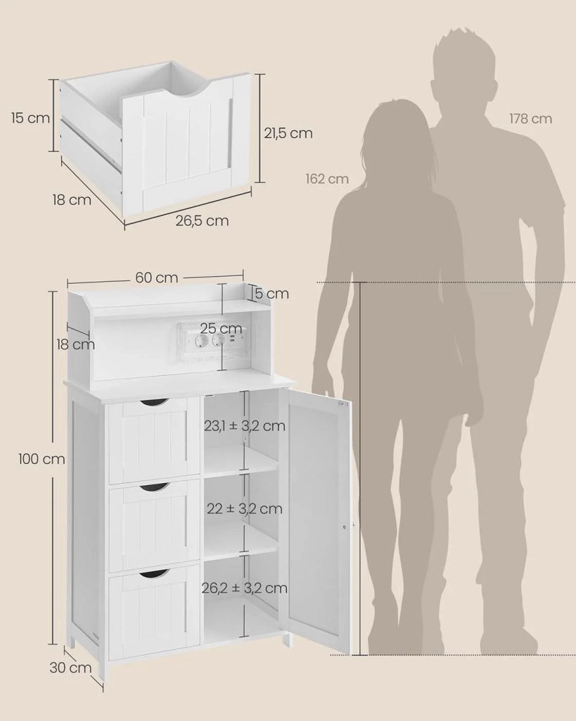 Mobiletto da bagno mobile contenitore mobiletto con multipresa 3 cassetti 1 anta 2 ripiani regolabili per sala da pranzo cucina soggiorno bianco 12_0008024