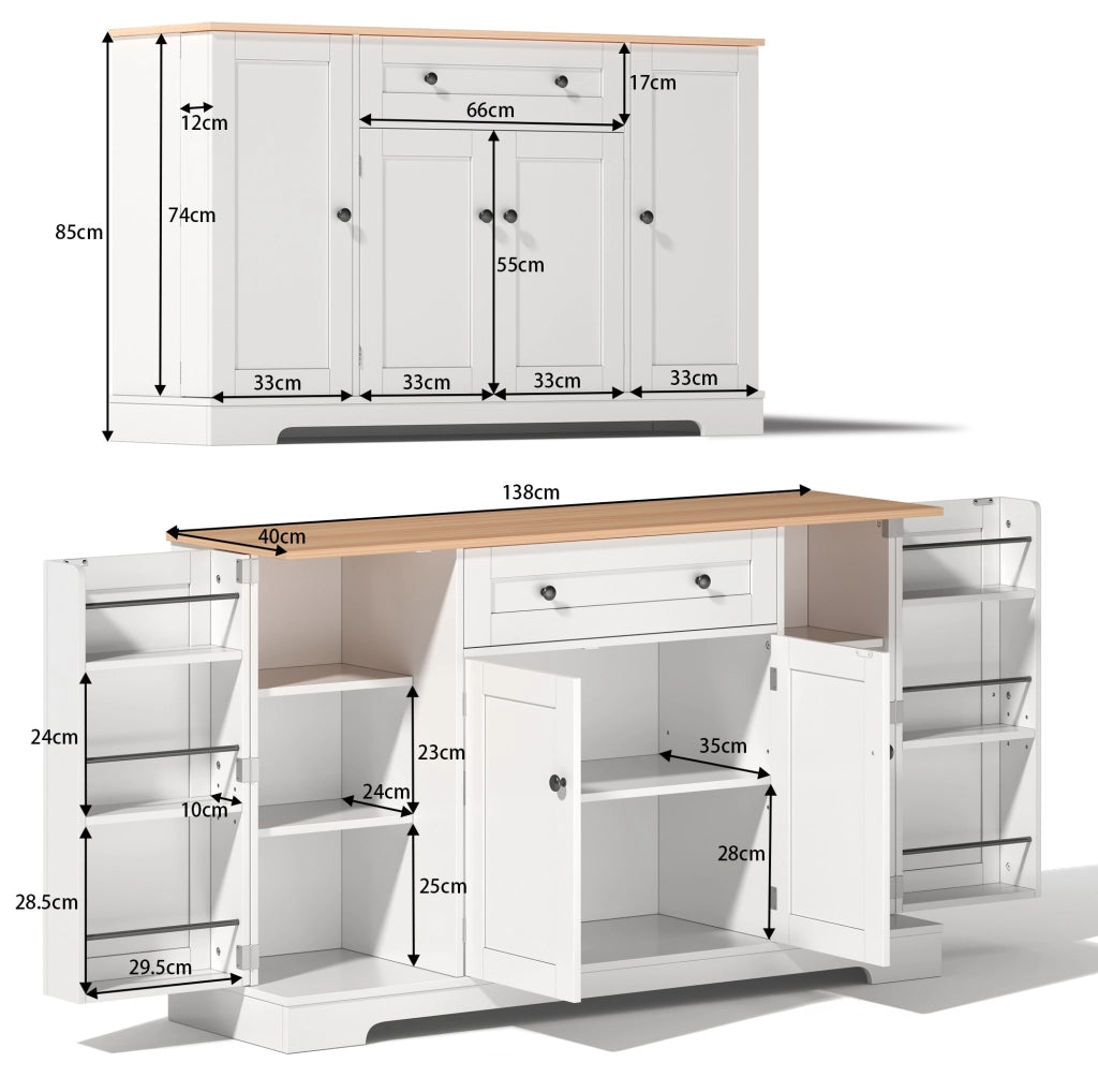 Credenza moderna da cucina 138 cm con cassetto e ante; in MDF naturale e bianco
