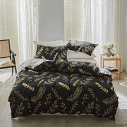 Set da letto a due pezzi, 135 x 200 cm, disegno foglia d'oro, coperta letto nera e bianca a righe invertibili, coperta letto morbida microfibra leggera, 1 coperta letto 135 x 200 cm e 1 cuscino 80 x 80 cm con chiusura a lampo