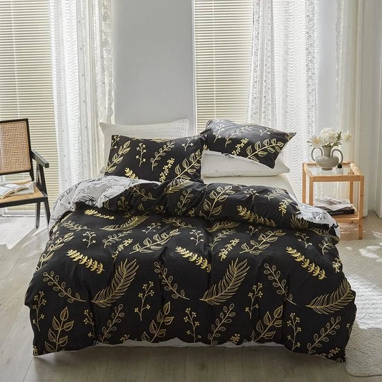 Set da letto a due pezzi, 135 x 200 cm, disegno foglia d'oro, coperta letto nera e bianca a righe invertibili, coperta letto morbida microfibra leggera, 1 coperta letto 135 x 200 cm e 1 cuscino 80 x 80 cm con chiusura a lampo