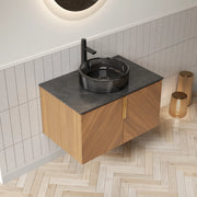 Mobile sottolavabo da bagno con 2 ante, lavabo tondo in vetro nero, piano in pietra sinterizzata, in compensato, nero marrone, 76 × 50 × 52,6 cm