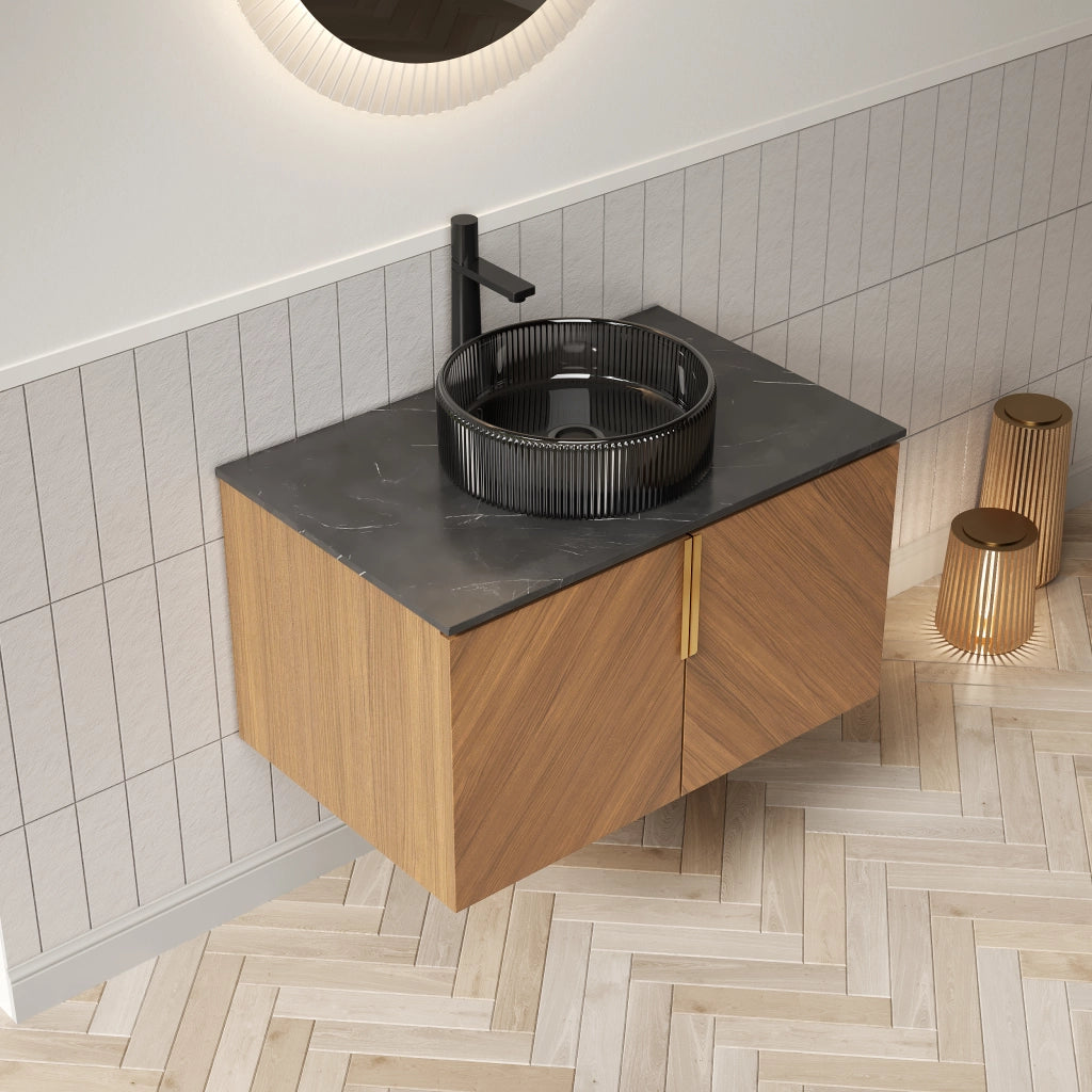 Mobile sottolavabo da bagno con 2 ante, lavabo tondo in vetro nero, piano in pietra sinterizzata, in compensato, nero marrone, 76 × 50 × 52,6 cm