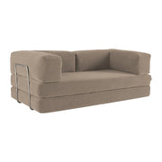 Divano letto futon in velluto a coste e struttura cromata, talpa