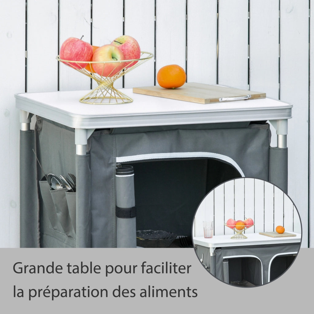 Mobile da cucina pieghevole ¨C Xylo ¨C 2 ripiani alluminio e tessuto Oxford 60x49x70cm grigio