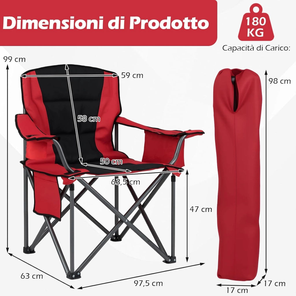 Sedia da Campeggio Pieghevole, Sedia da Esterno con Tasca Refrigerante, Portabicchiere, Tasca Laterale e Borsa, Sedia Portatile per Picnic, Escursioni e Pesca, Portata 150 kg (Rosso)