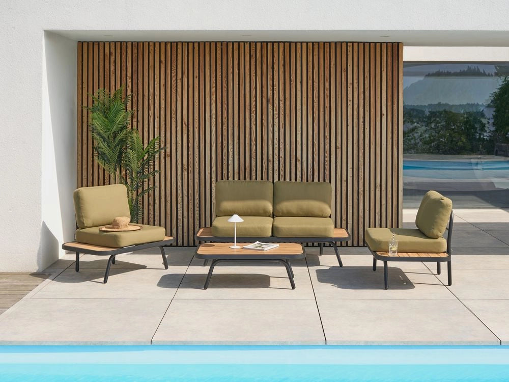 Divano da giardino 4 elementi con struttura in alluminio e legno d'acacia certificato con cuscini verde oliva stile modermo