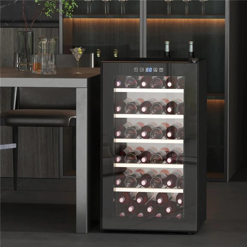 CANTINETTA VINO FRIGO PER 41 BOTTIGLIE CAPACITÀ 91L CONTROLLO TEMPERATURA E RIPIANI IN LEGNO NERO