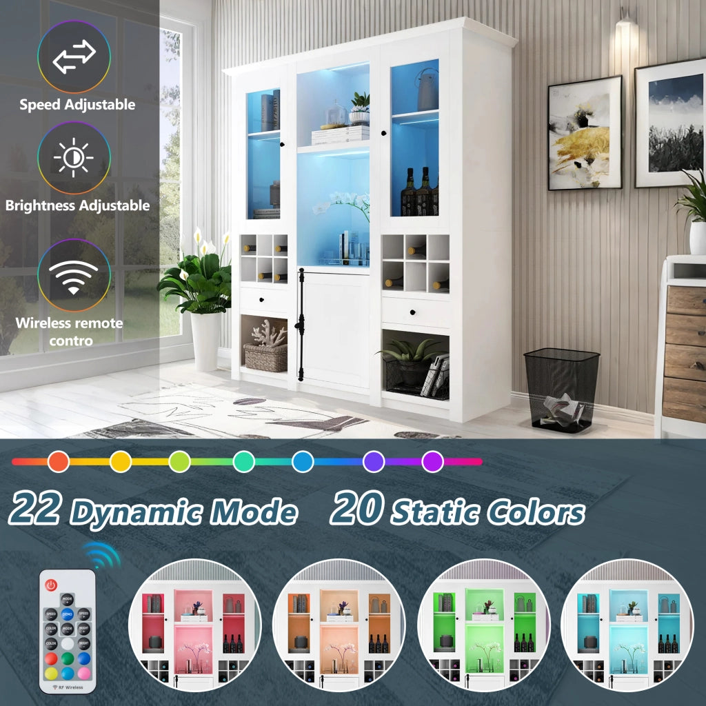 Vetrina con 2 ante e 2 cassetti con LED; 6 vani e ripiani per soggiorno; 143×45.5×170 cm