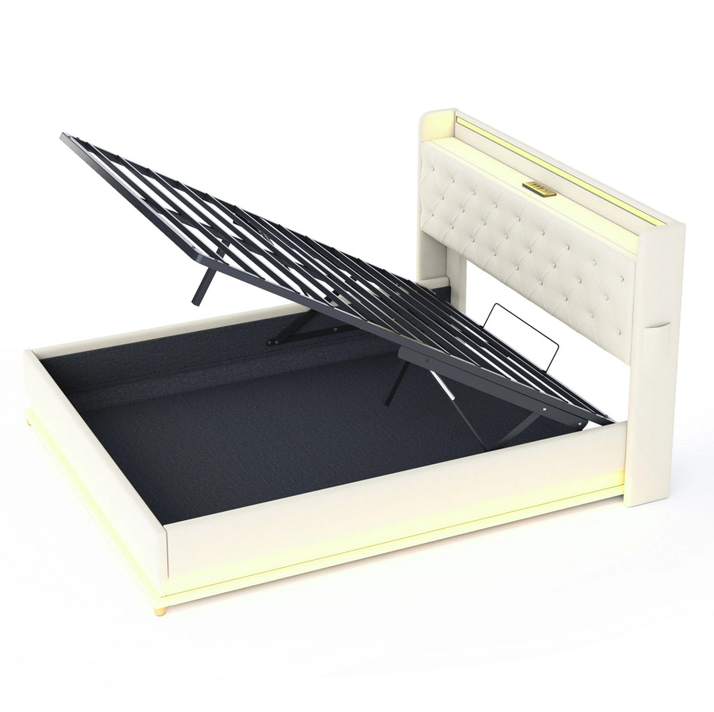 Letto imbottito 160x200 cm con LED, USB e contenitore idraulico