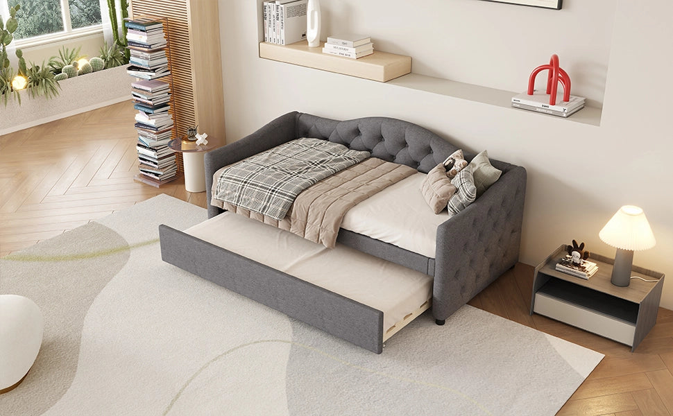 Letto divano 90 × 200 cm con letto estraibile, senza materasso, in lino, grigio, per camera e soggiorno