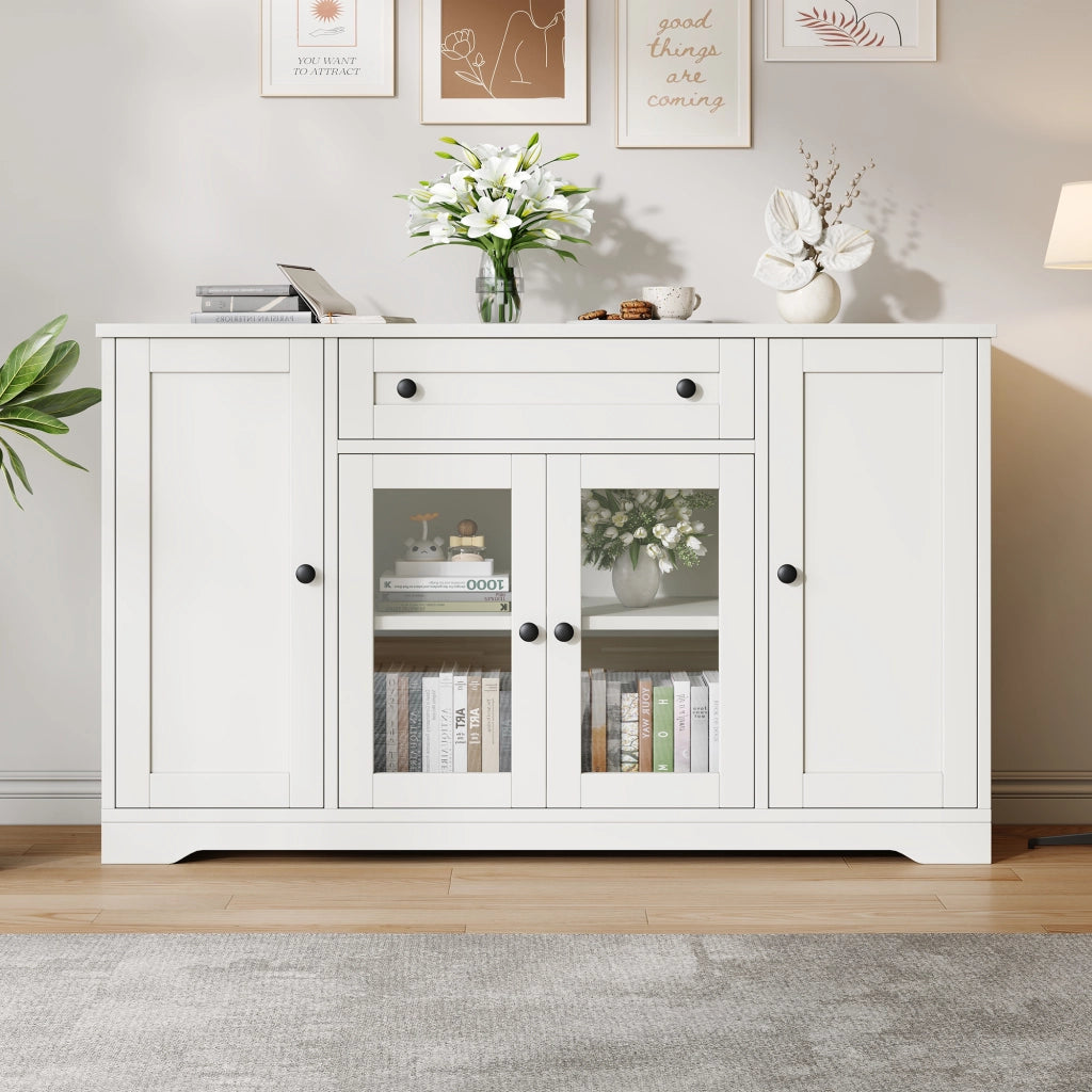 Credenza con 4 ante; 1 cassetto e 6 vani - per soggiorno e ingresso - in MDF e truciolare - bianco - 138×40×83 cm