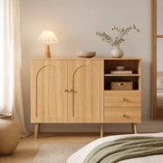 Credenza sideboard con ante bombate, 2 cassetti e vani aperti, colore naturale