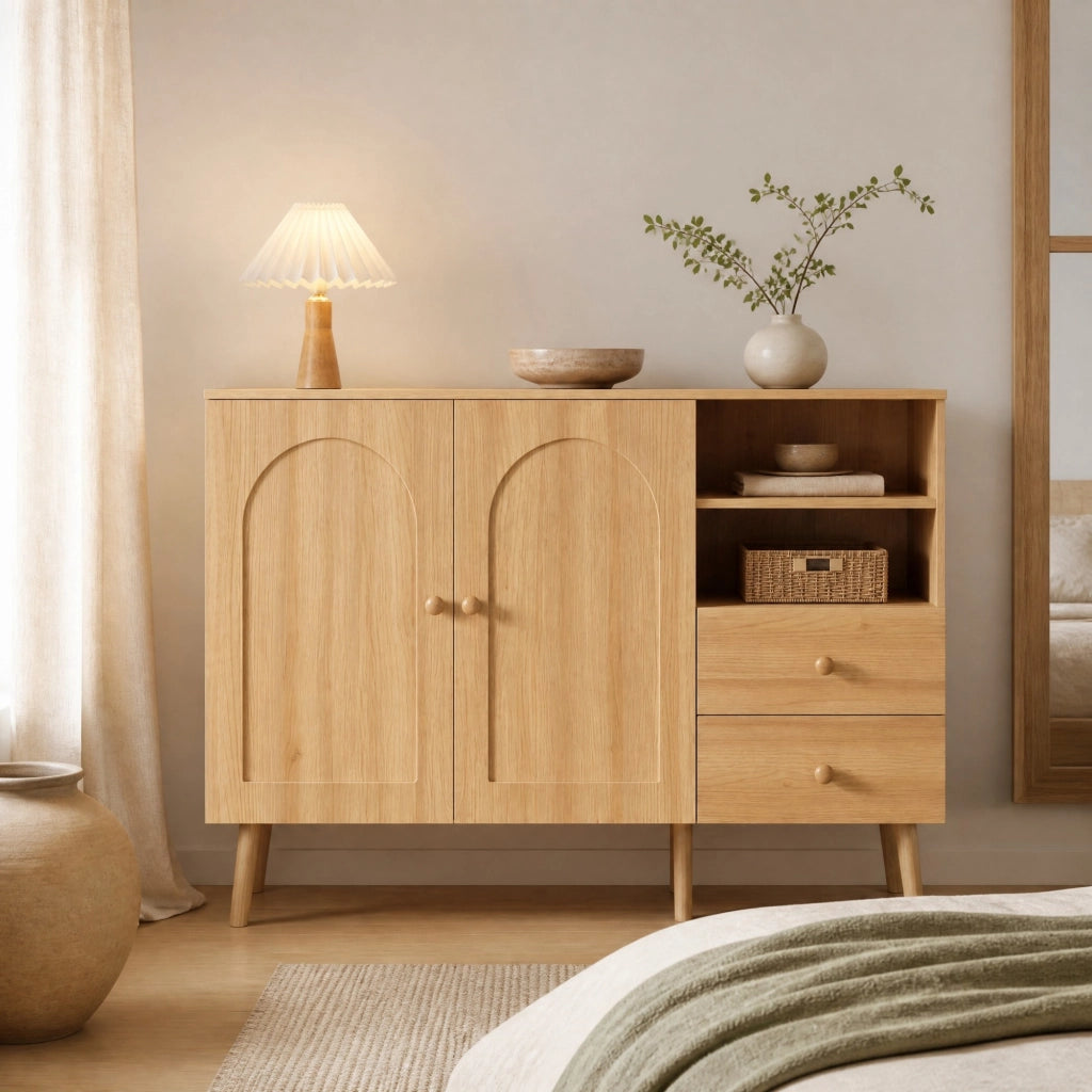 Credenza sideboard con ante bombate, 2 cassetti e vani aperti, colore naturale