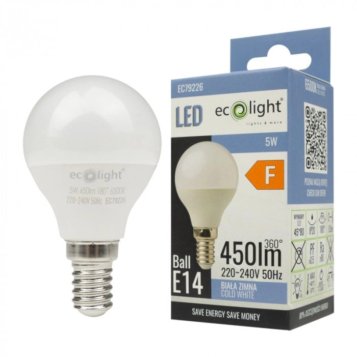 Lampadina LED sferica opale E14 5W 450lm 6500K Ecolight