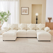 Divano modulare a L - Zephmum- Chenille beige con 4 cuscini decorativi e 2 poggiatesta