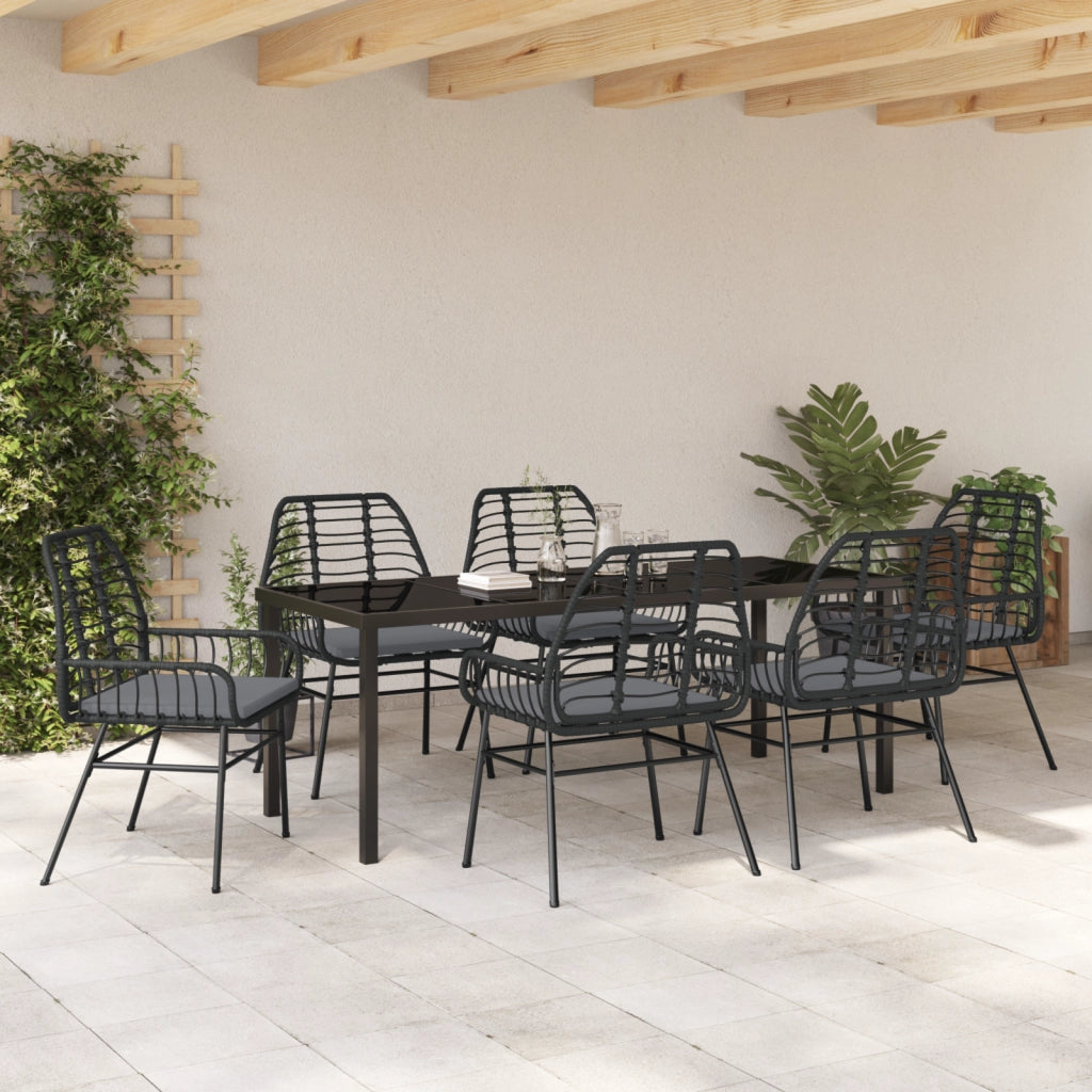 Set da Pranzo da Giardino 7 Pezzi con Cuscini Nero Polyrattan
