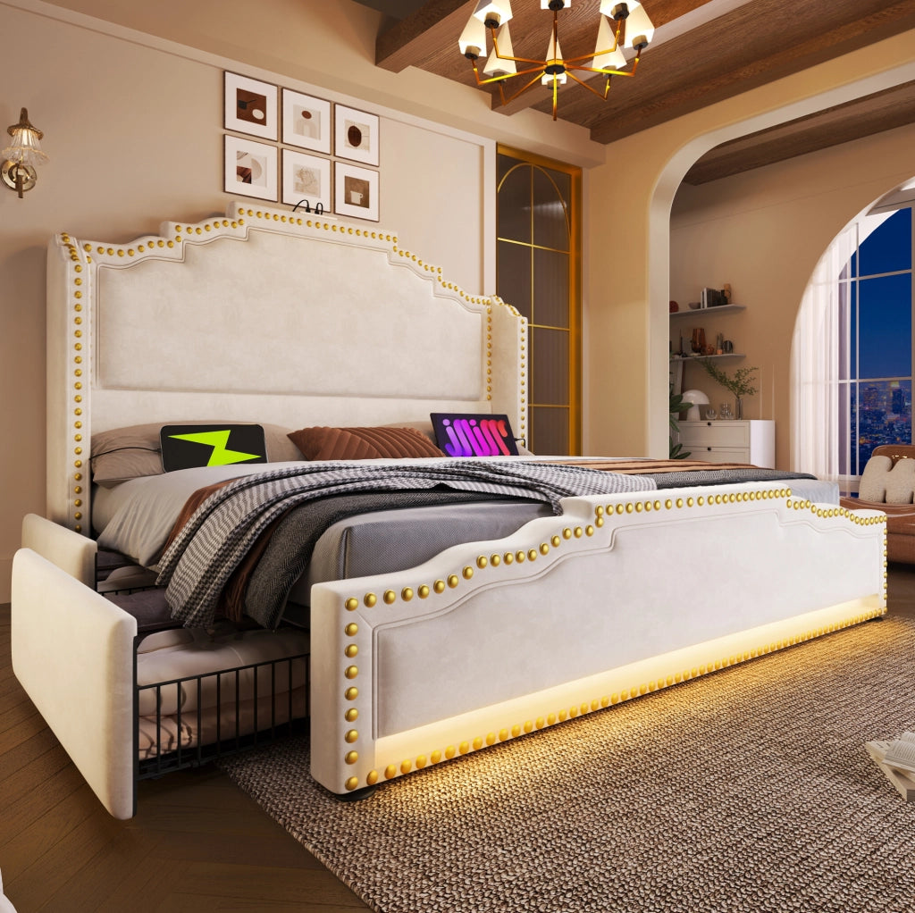 Letto matrimoniale 180x200 con 4 cassetti, LED e porte USB-C