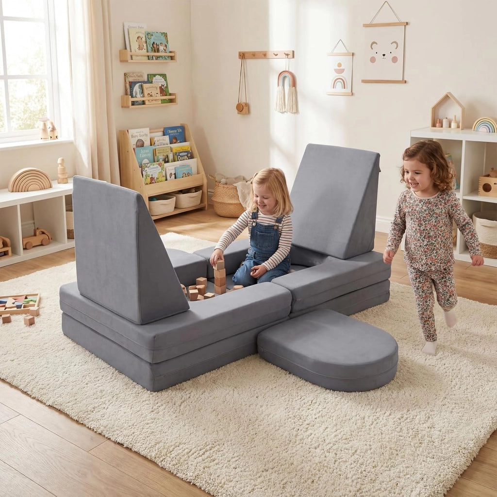 Divano da Gioco per Bambini Trasformabile, Poltrona Modulare a 10 Pezzi, Tessuto Suede e Schiuma ad Alta Elasticità, Divanetto per Bambini 3+ Anni, per Camerette, Soggiorno e Studio (Grigio)