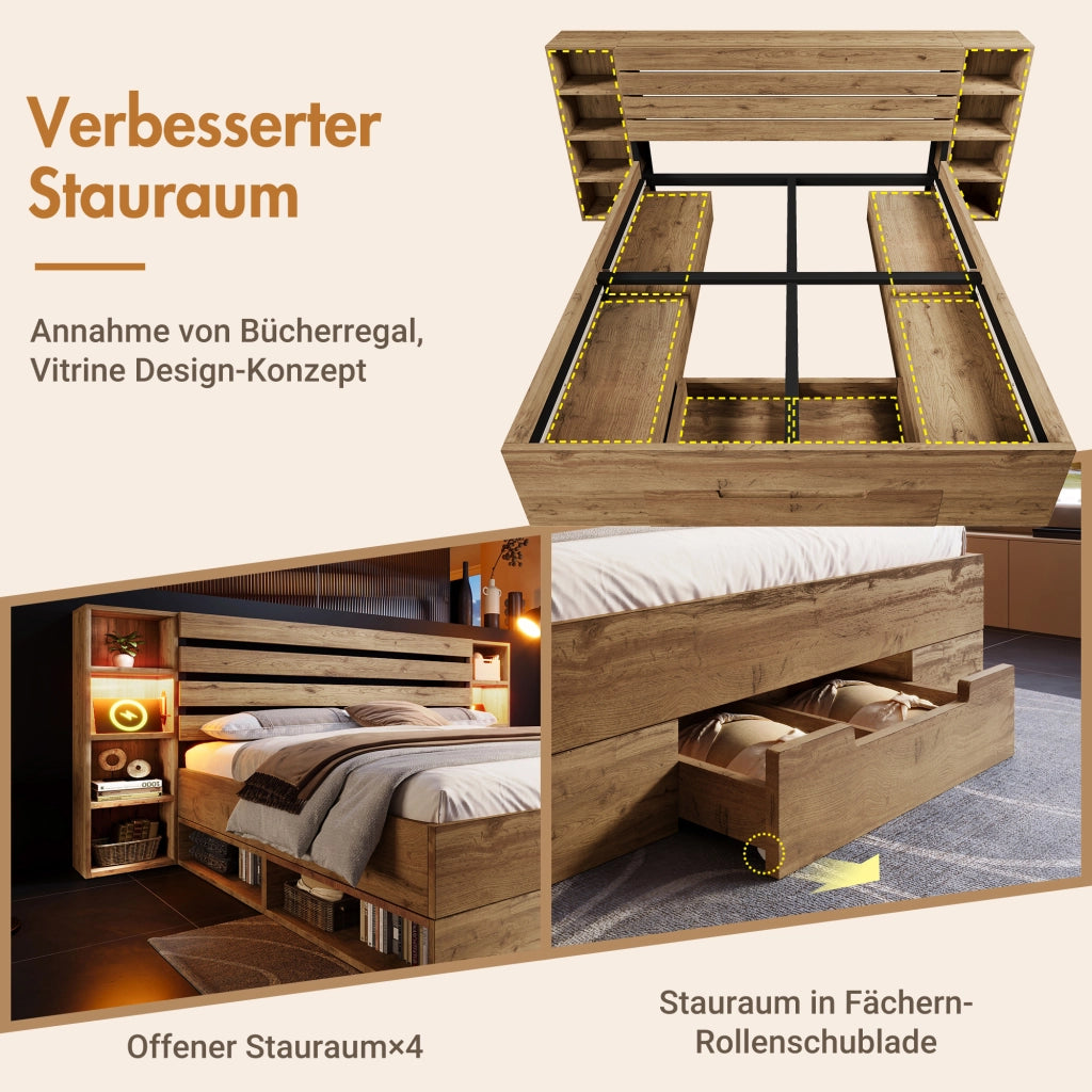 LETTO Matrimoniale 160x200 cm con LED USB e cassetti in legno e metallo rovere