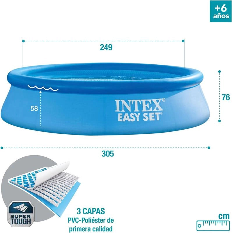 INTEX 28122NP – PISCINA FUORI TERRA EASY SET ROTONDA, POMPA FILTRO 1250 L/H, 3853 L, PVC, AZZURRO, 305X76 CM