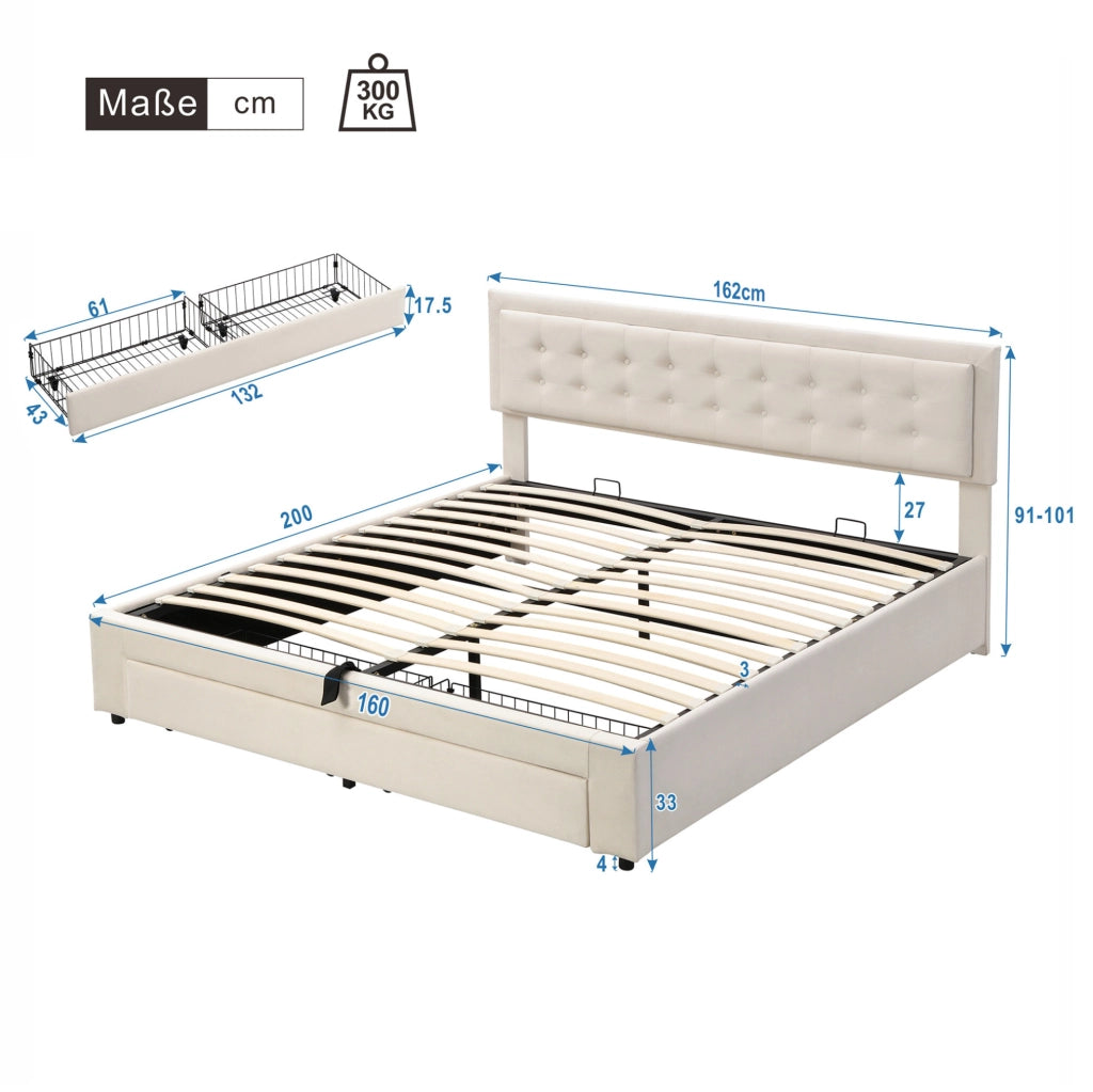 Letto matrimoniale 160x200 cm in velluto beige con contenitore; testiera regolabile e cassetti