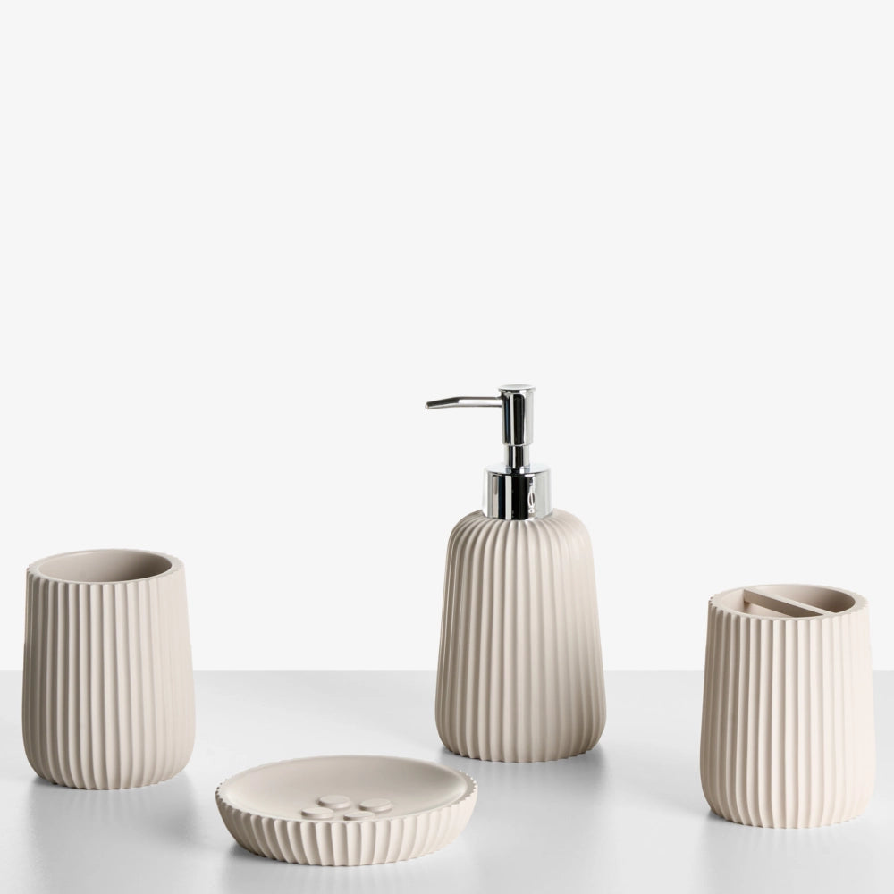 Set accessori bagno 5 pezzi portasapone, dispenser, porta scopino, bicchiere, porta spazzolini beige