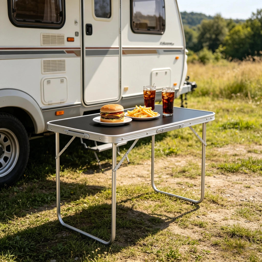 Tavolino da giardino pieghevole con gambe ripiegabili; maniglia laterale; piano robusto e uso per campeggio; picnic e pesca