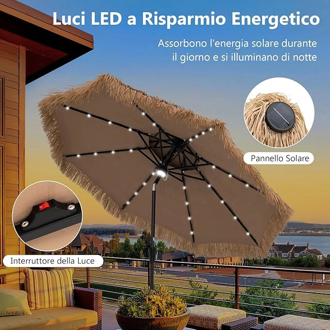 Ombrellone da Giardino in Paglia PP, Ombrellone Hawaiano 256 cm, con Luci LED, Manovella Manuale, Inclinazione di 35°, Ombrellone Tiki con 8 Stecche per Spiaggia Giardino
