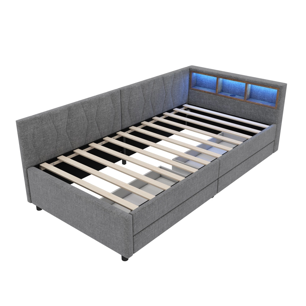 Daybed 90x200 Grigio Effetto Lino con 2 Cassetti; LED; USB Type-C e Vani Portaoggetti