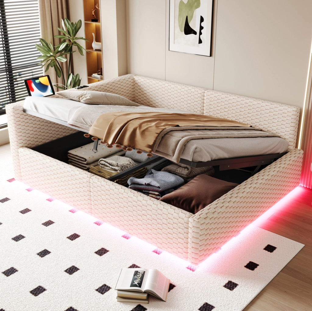 Letto matrimoniale 140x200 cm con contenitore; LED; USB e USB-C in velluto beige