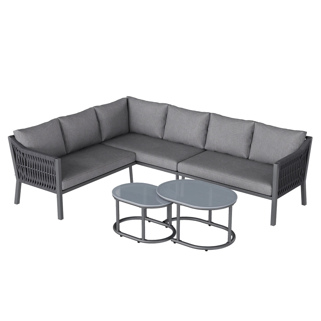 Set da pranzo da giardino set di mobili da giardino 6 persone posizione angolo ferro zincato piano di vetro corda intrecciata a mano comprende due tavolini da caffè e un divano grigio