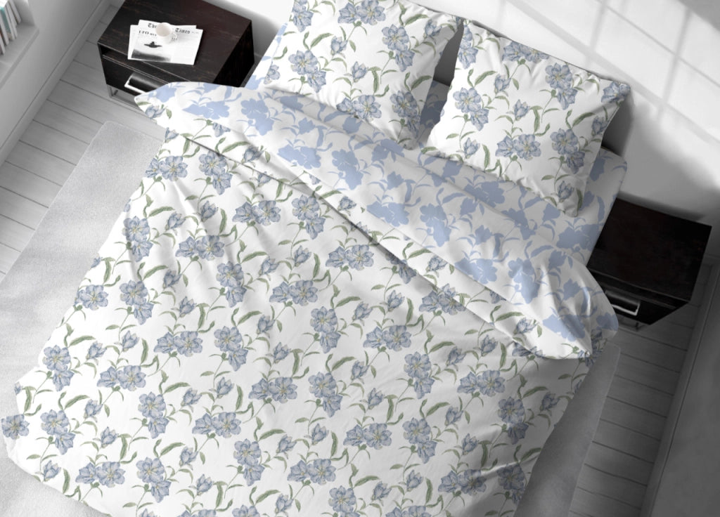 Sacco Copripiumino In 100% Cotone Made Italy Disegno Magnolia - Matrimoniale - Azzurro