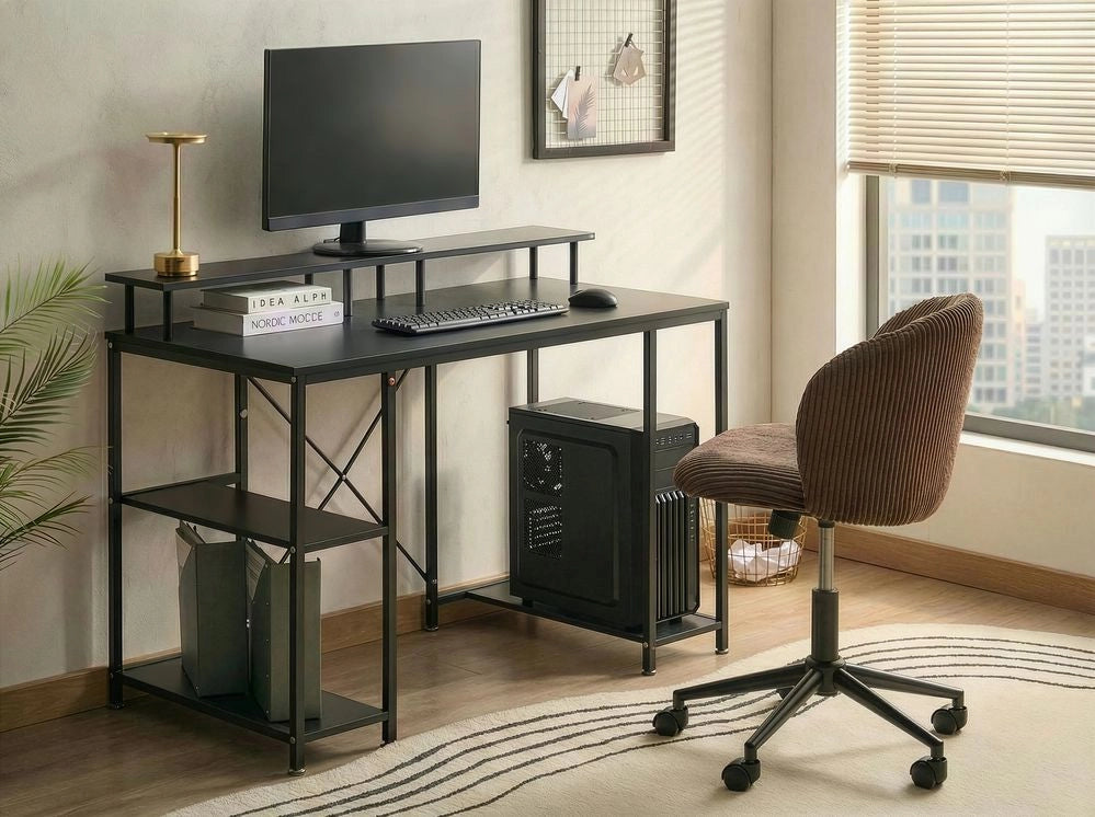 Scrivania da ufficio con piano in MDF nero gambe e struttura in ferro verniciato a polvere 3 ripiani per aggiungere spazio di archiviazione moderna