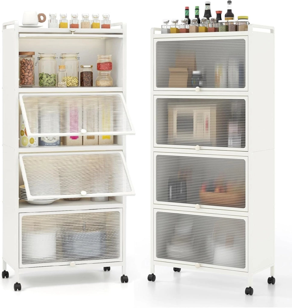 Credenza Cucina a 5 Livelli, Scaffale da Cucina in Piedi su Ruote, Mobile Cucina Dispensa con Ante in PC, con Protezione Antiribaltamento, 60 x 32 x 154 cm, 3 Colori (Nero)